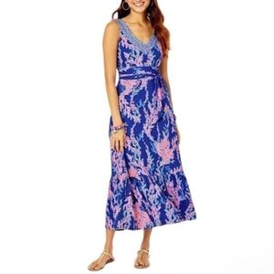 Lilly Pulitzer Madsen Blue Pink Swim On Over Tiered Midi Dress Size M